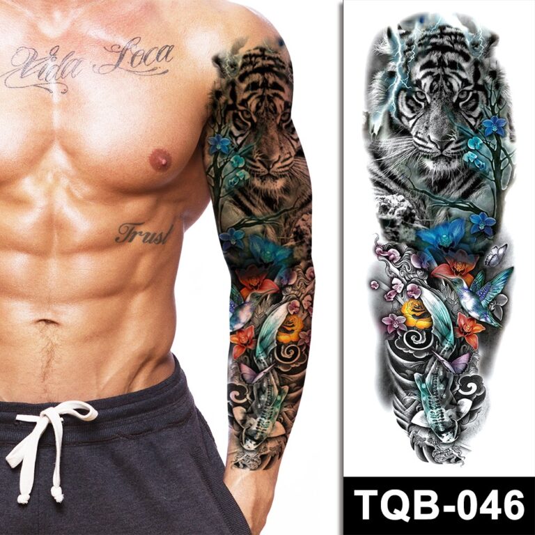 tiger and floral sleeve temporary tattoo