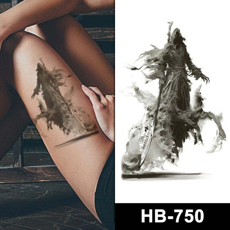 Dark warrior temporary tattoo on thigh