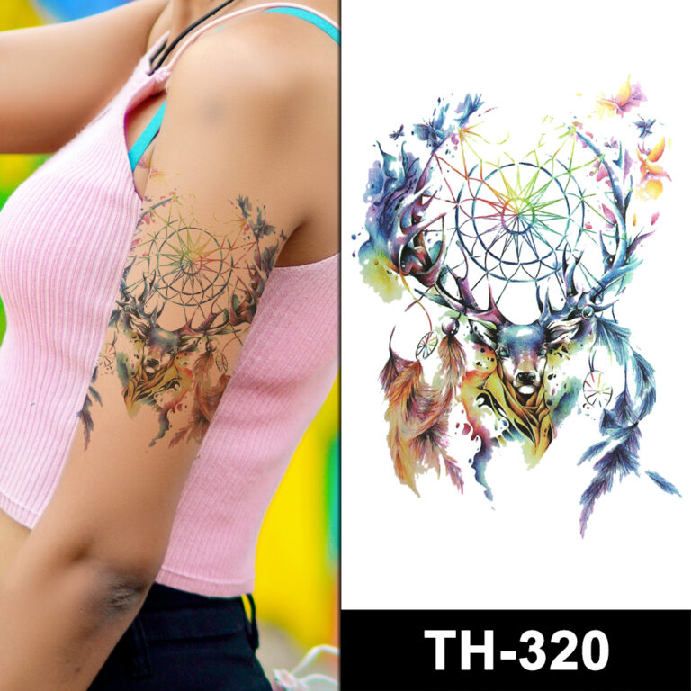 Colorful deer and dreamcatcher tattoo on arm