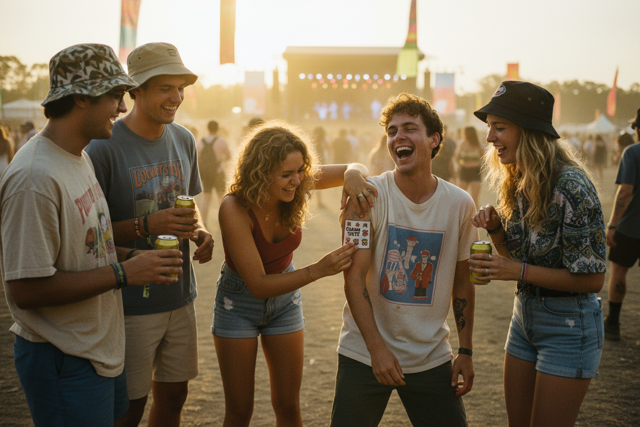 Applying painless temporary tattoos at Australian music festival