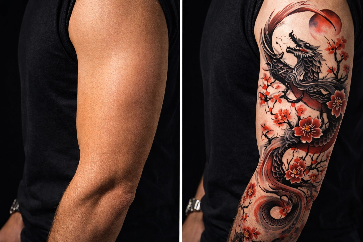 Before-and-after-testing-a-fake-tattoo-sleeve-on-arm