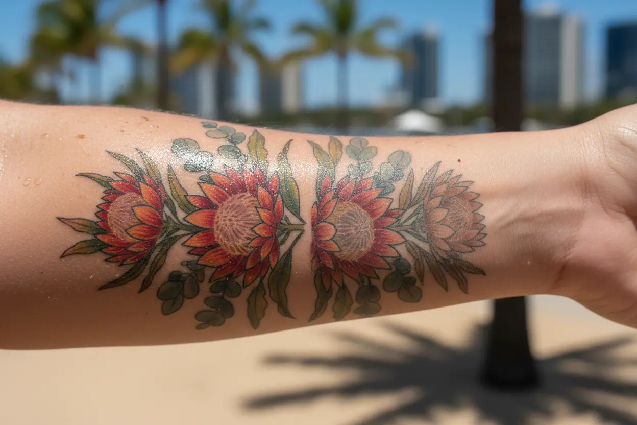 Comparison of shiny fake tattoo vs matte powdered tattoo on skin