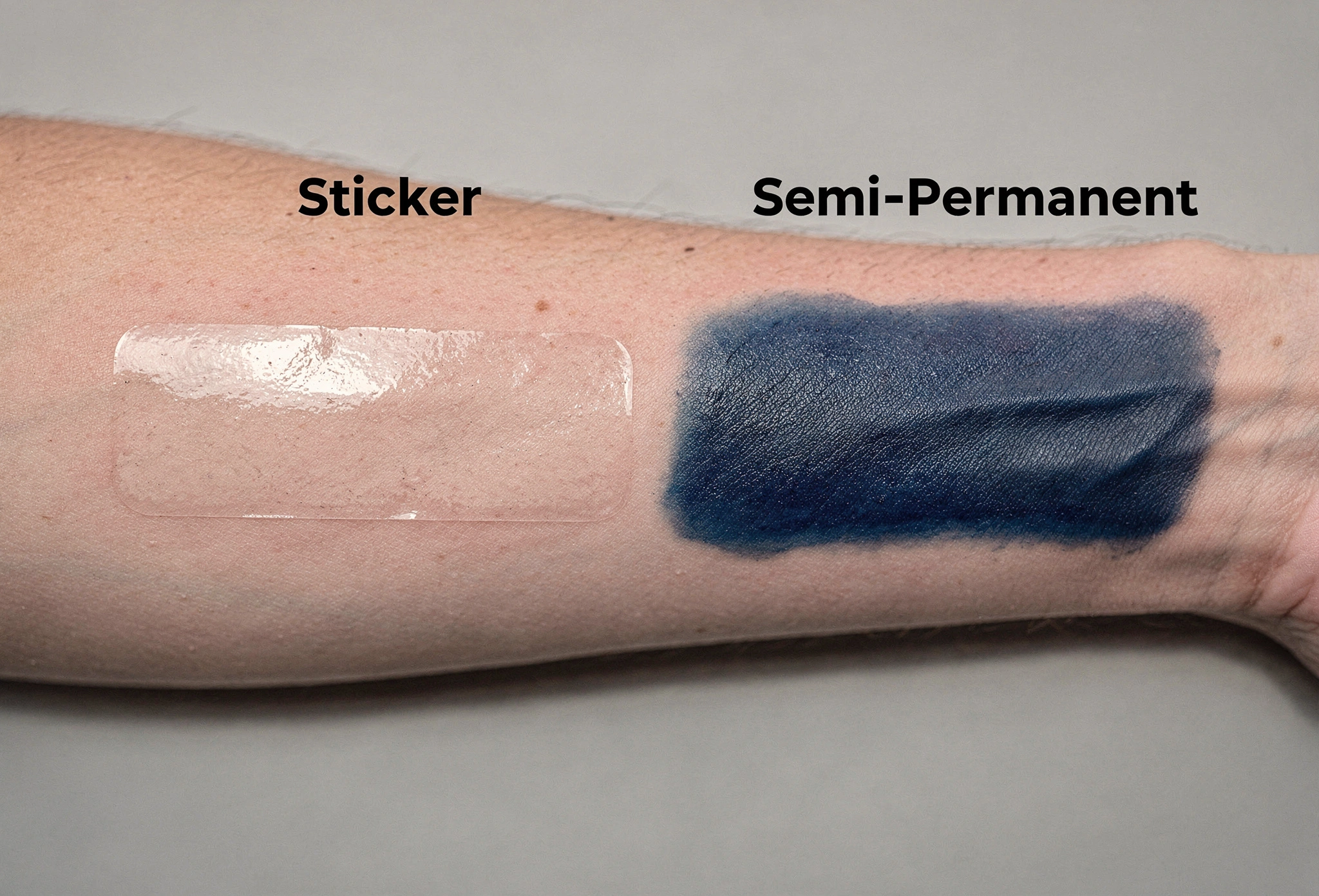 Difference between shiny sticker tattoo and matte semi-permanent tattoo