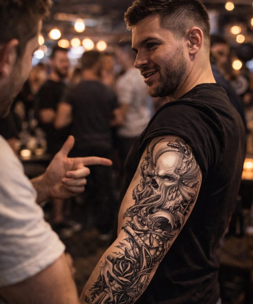 Man-showing-off-temporary-tattoo-sleeve-at-a-bar
