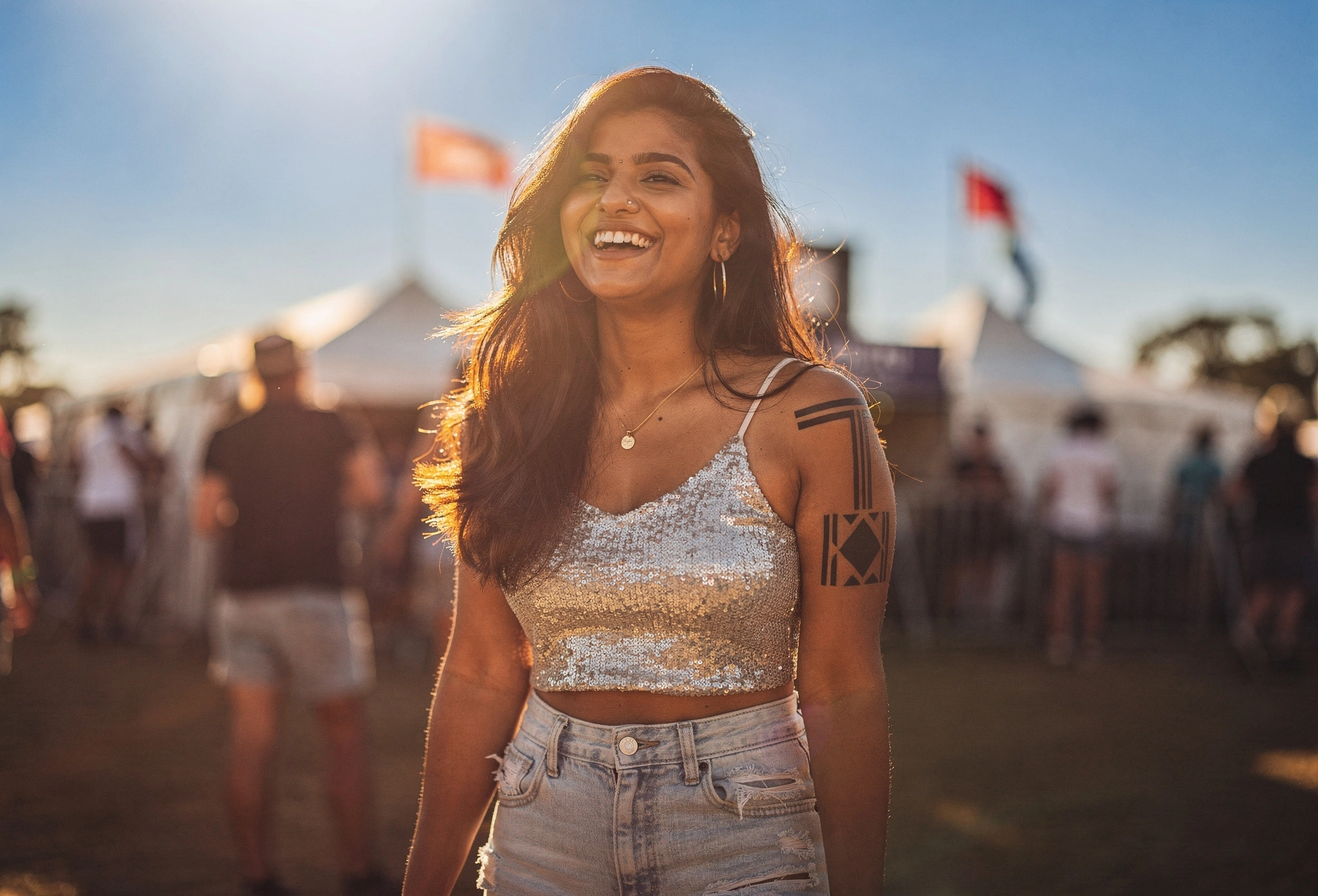 Matte temporary tattoo styled for a music festival outfit