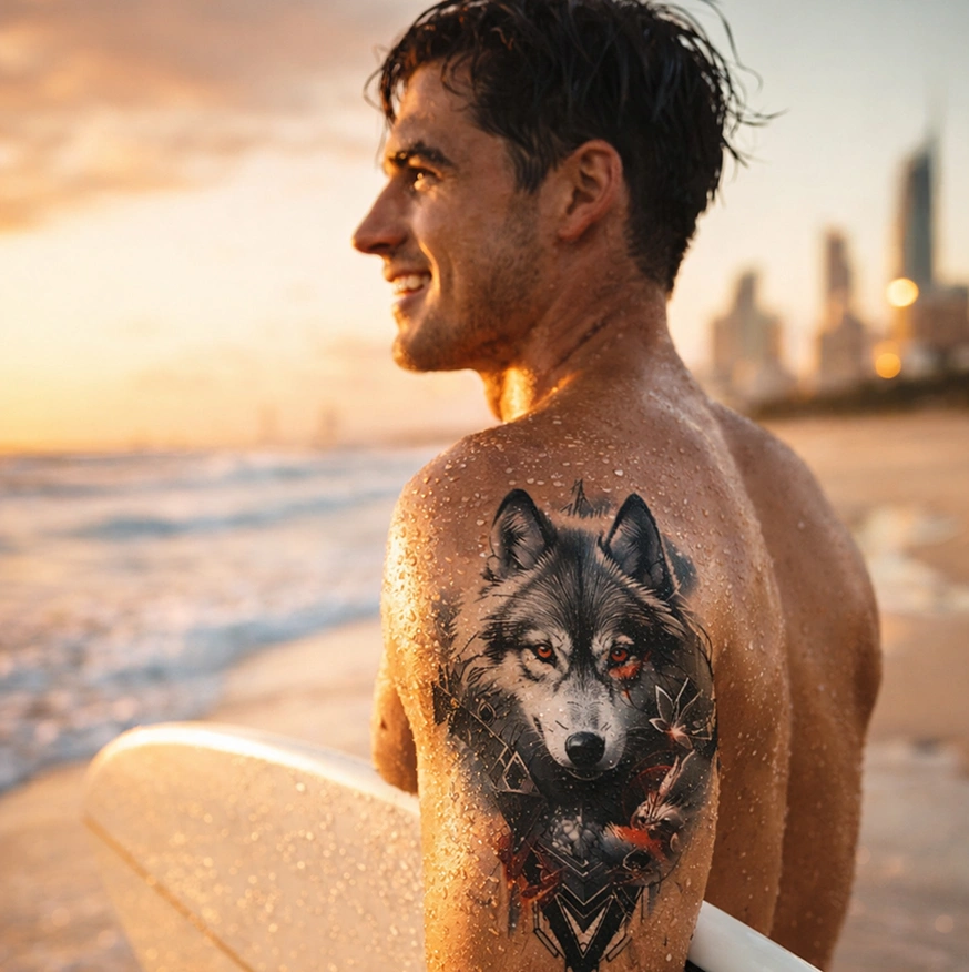 Waterproof-temporary-tattoo-surviving-surf-on-Gold-Coast-beach