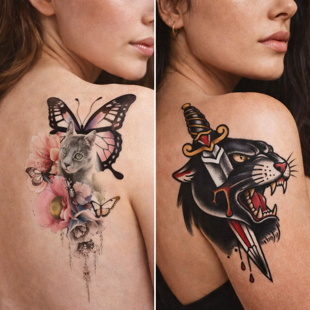 Comparison-of-fine-line-vs-American-traditional-tattoo-styles-on-women