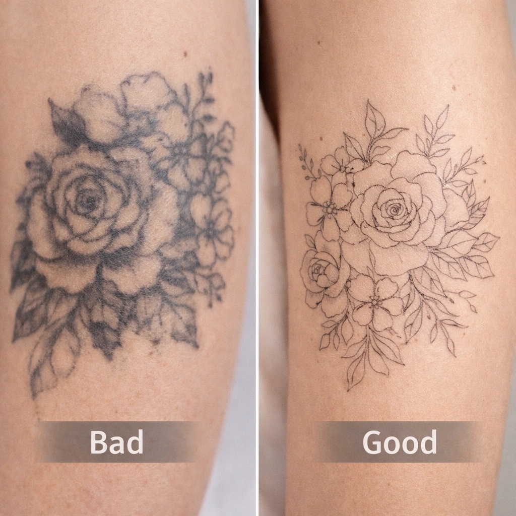 Fine-line-floral-tattoo-healed-vs-blown-out-ink