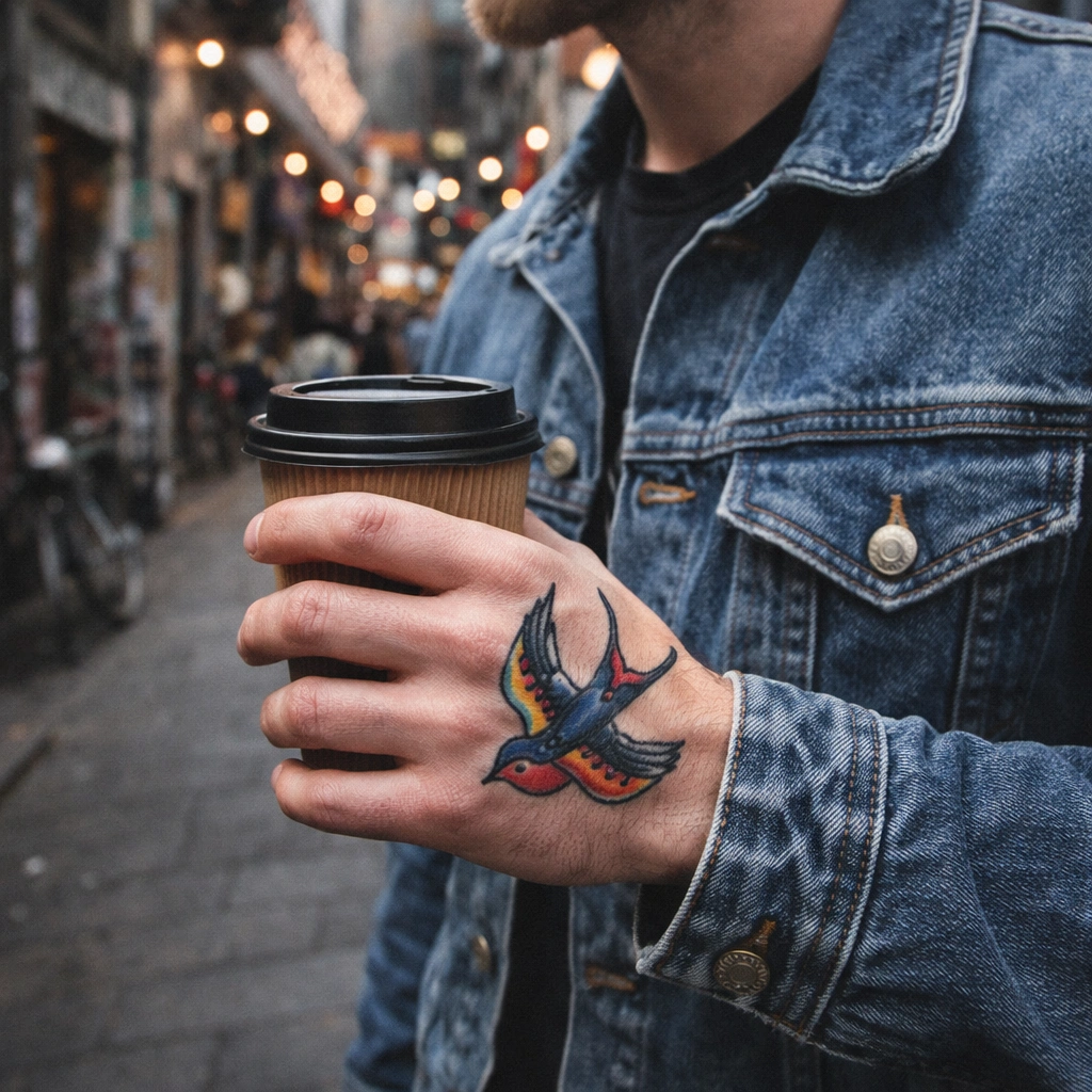 Traditional-hand-tattoo-styled-with-denim-jacket