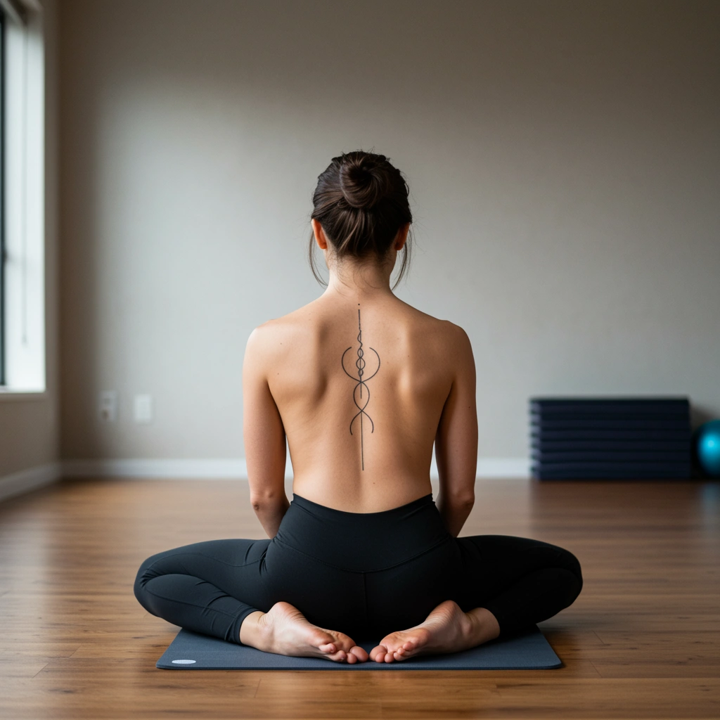 Unalome-spine-tattoo-on-yoga-instructor