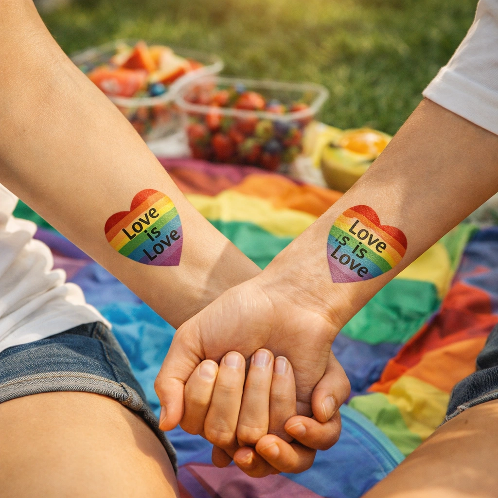 Couple Showing Matching LGBTQ Pride Temporary Tattoos