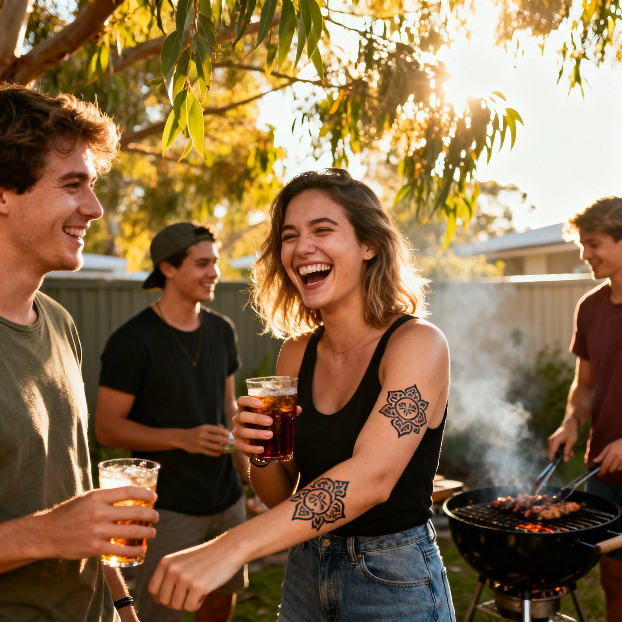 Friends Laughing at a Backyard BBQ Showing Temporary Tattoos