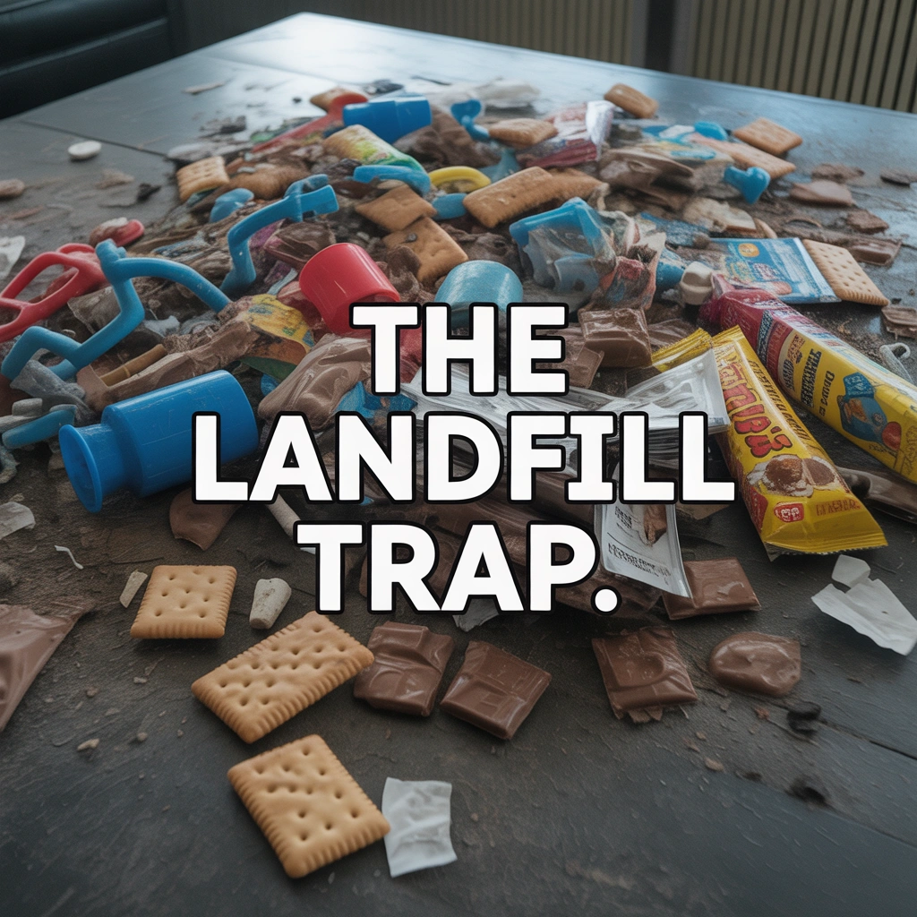 Messy Pile of Plastic Packaging and Snack on a Table with Text The Landfill Trap