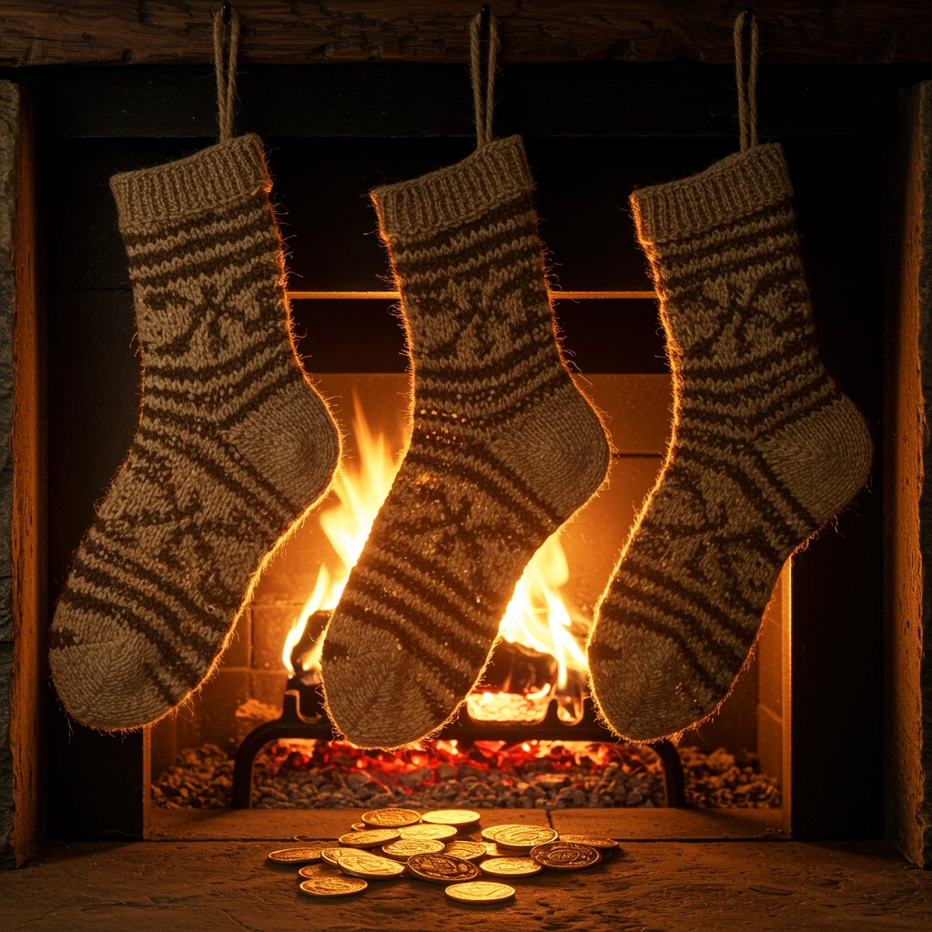 Three Knitted Stockings Hanging in Front of a Cozy Fireplace with Coins Below