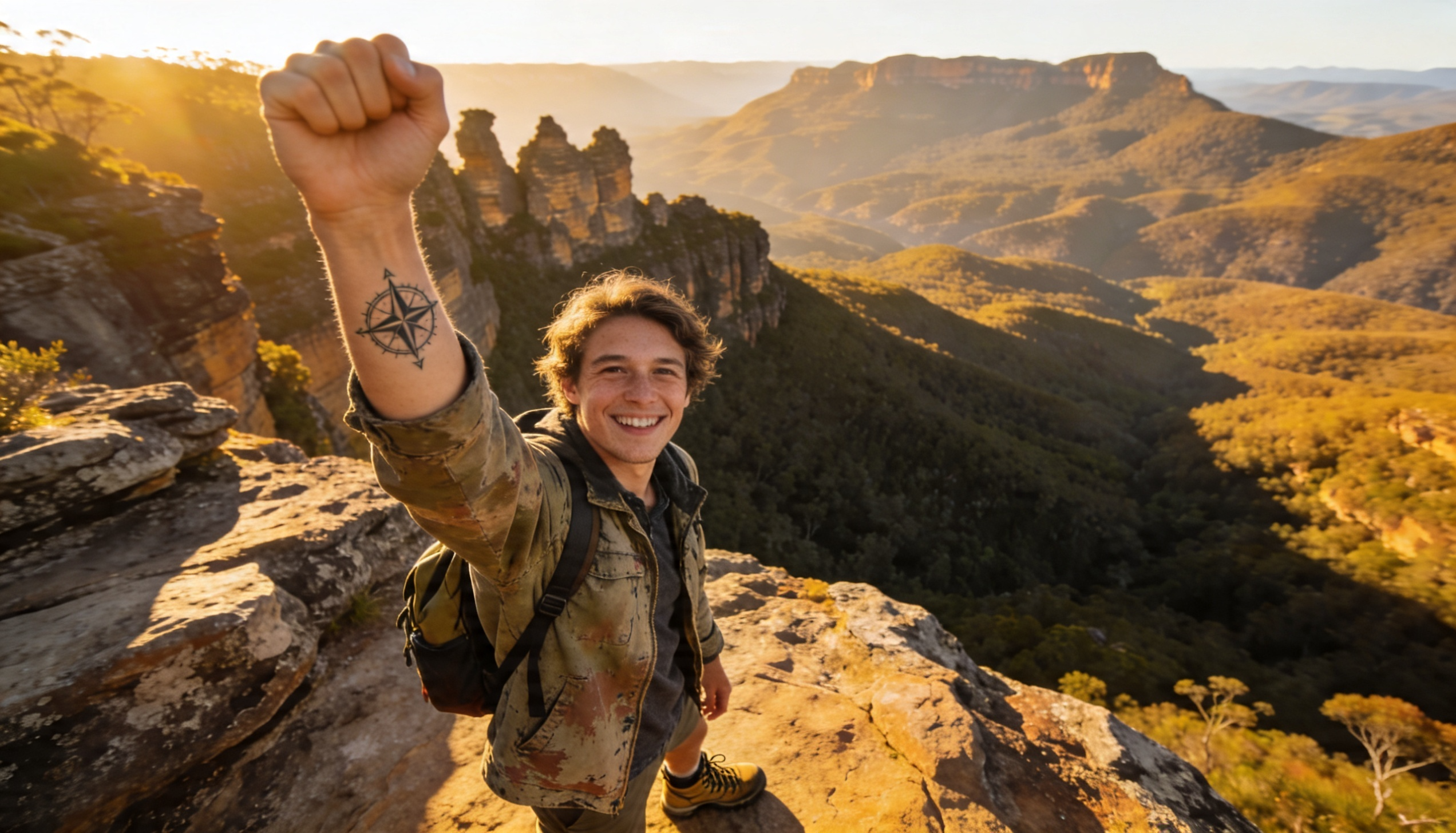 Happy Backpacker with Temporary Tattoo – Quick Tattz Australia Happy backpacker showing a stylish temporary tattoo from Quick Tattz Australia