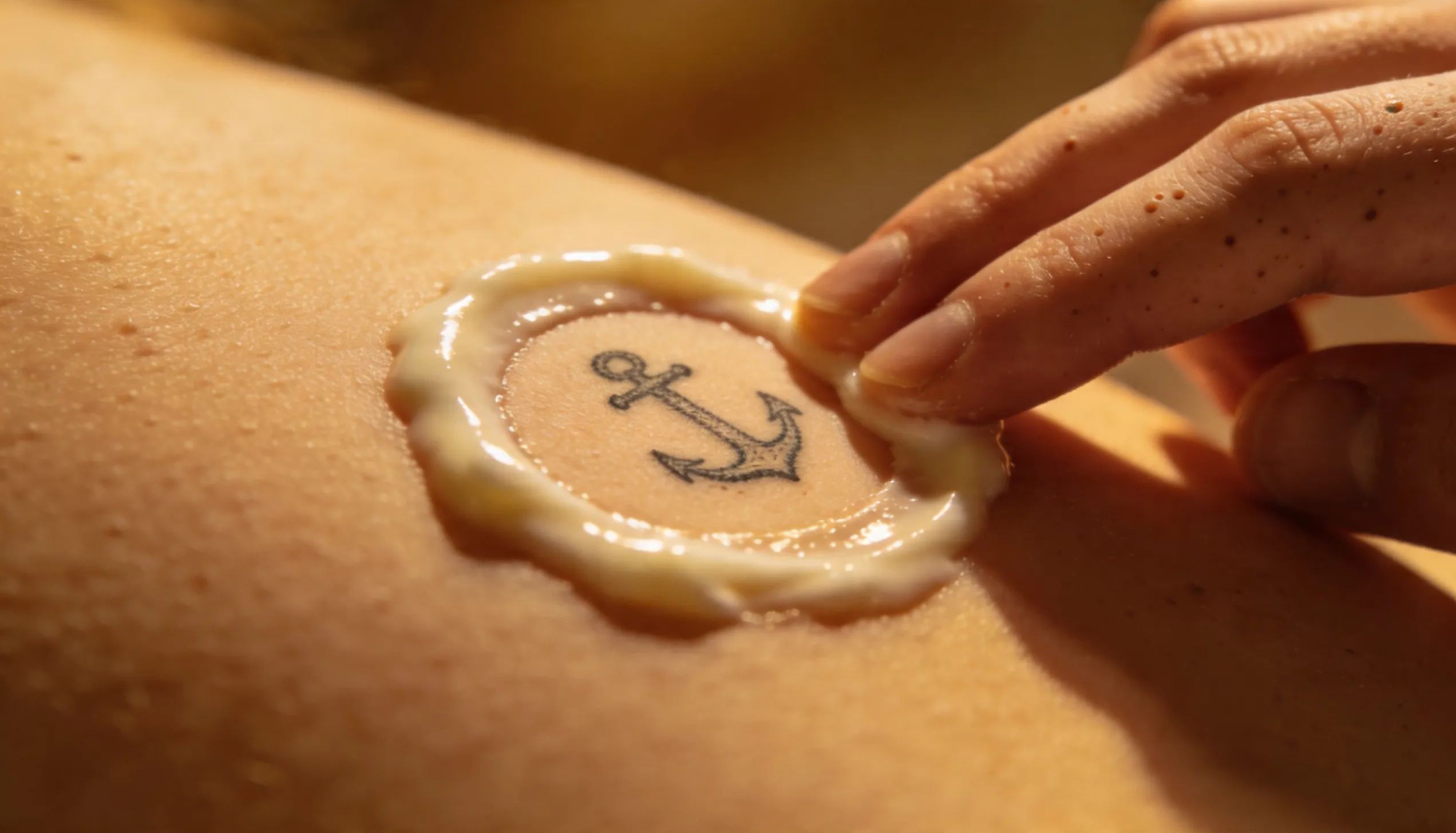 Hand carefully applying temporary tattoo on skin
