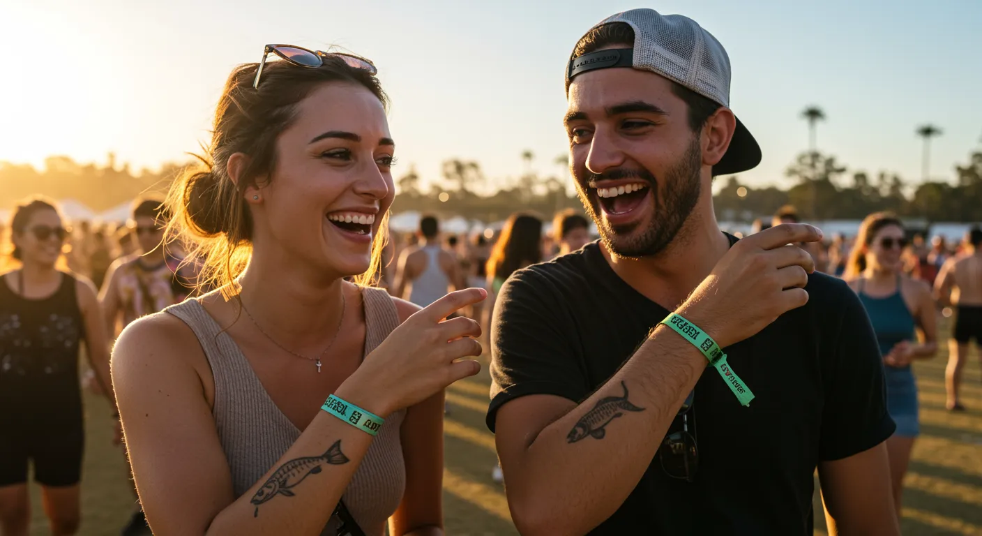 Two friends laughing and enjoying temporary tattoos together